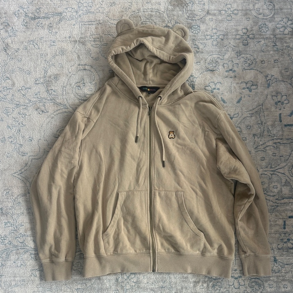 Teddy Fresh Tan Hoodie with Bear Ears Zip Up Beige Mens Unisex Size Large - Picture 2 of 9